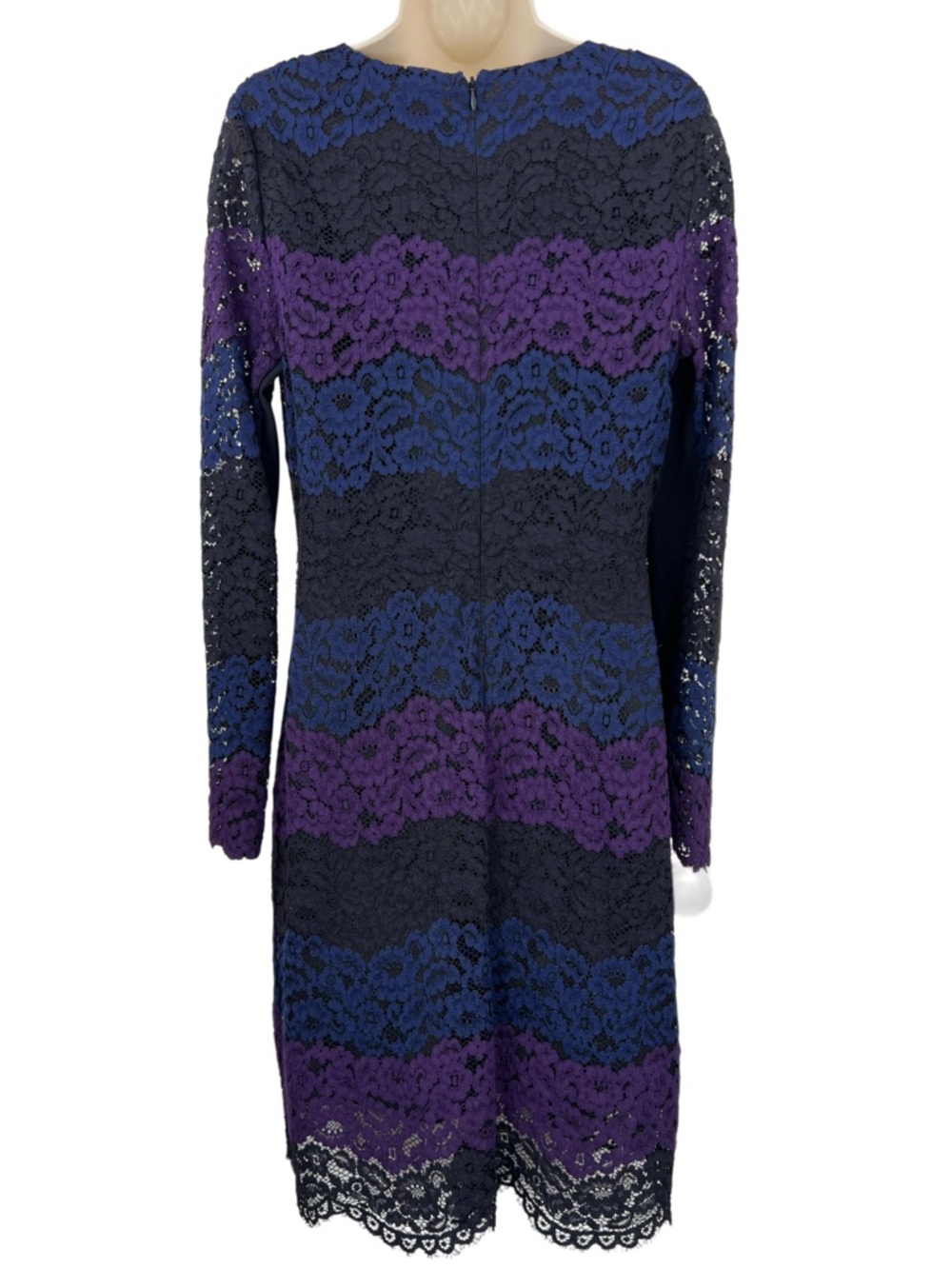 Elie Tahari Lace Dress Size 10 Black Purple Blue Sheath Long Sleeve Cocktail - Picture 3 of 8